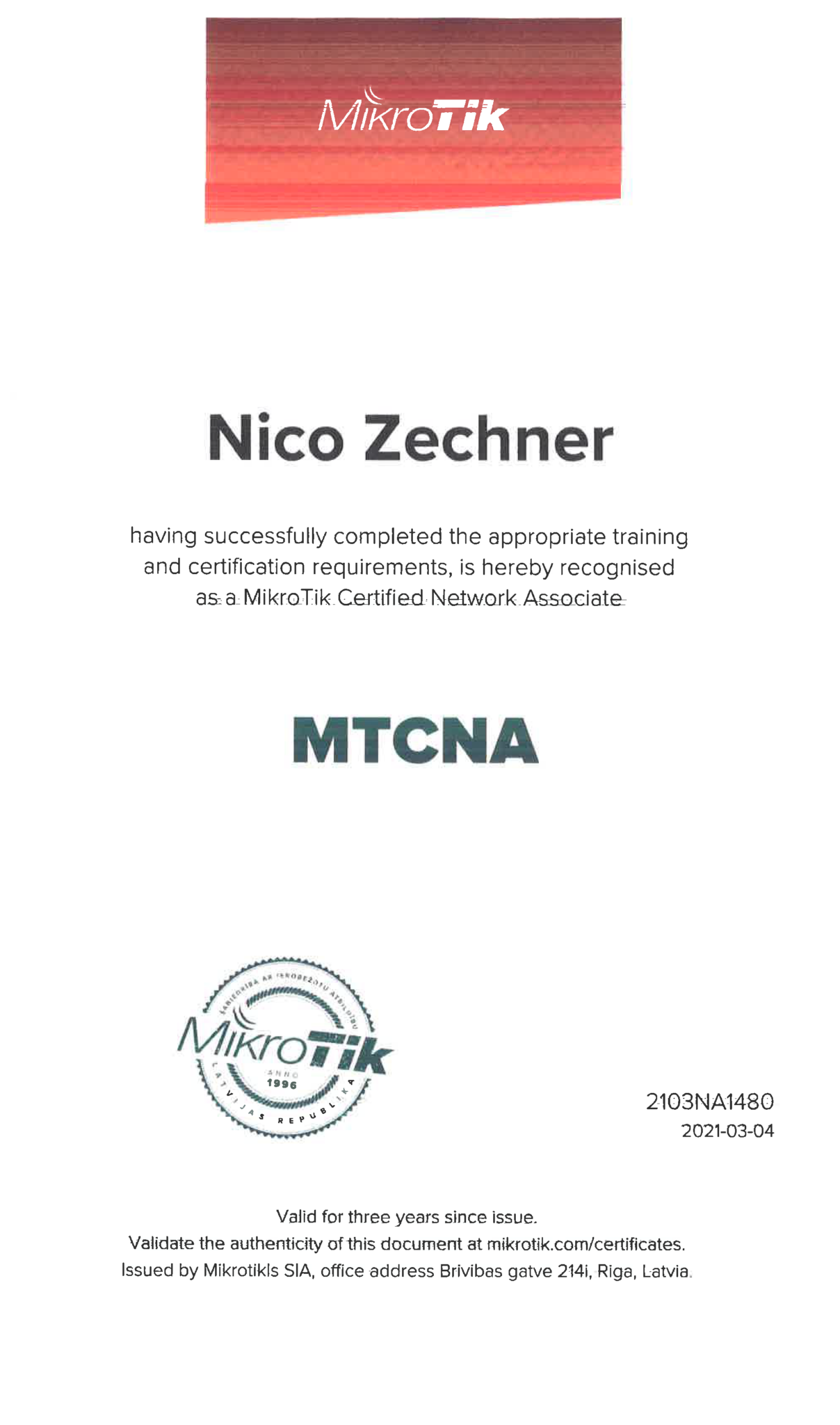 Zertifikat Nico MTCNA