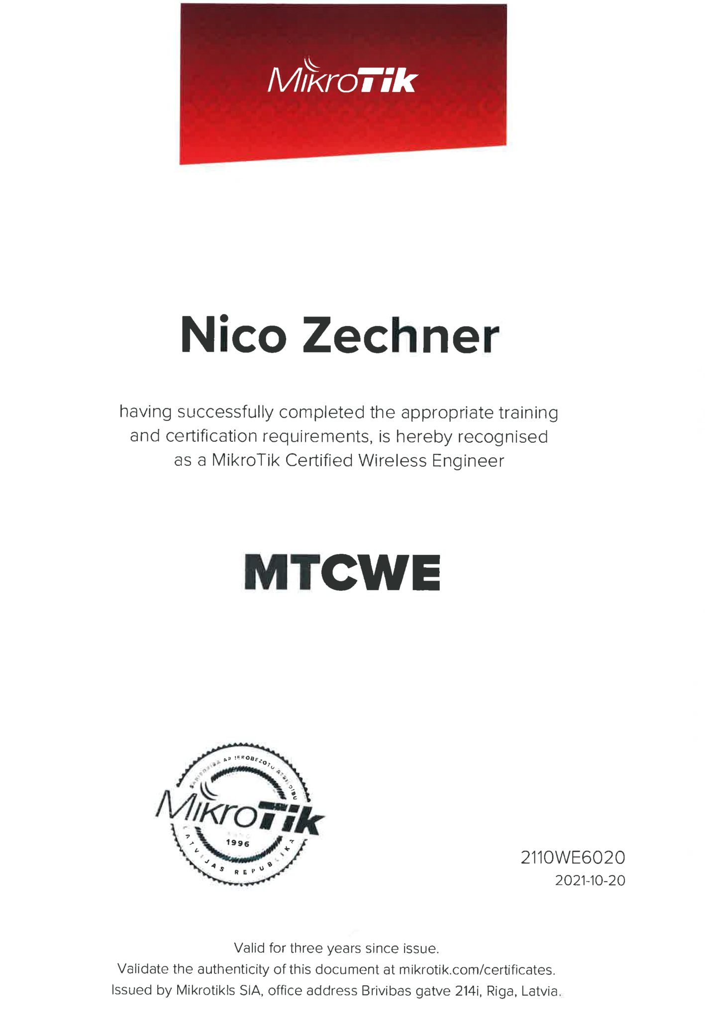Zertifikat Nico MTCWE